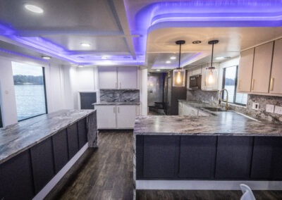 Food serving counter inside The Stardust luxury houseboat prepared for guests during a Lake Lanier cruise