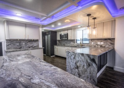 Catering and buffet serving area inside The Stardust luxury houseboat near Lanier Islands on Lake Lanier