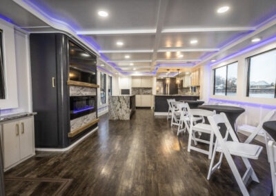 Interior lounge seating area downstairs on The Stardust luxury houseboat near Lanier Islands
